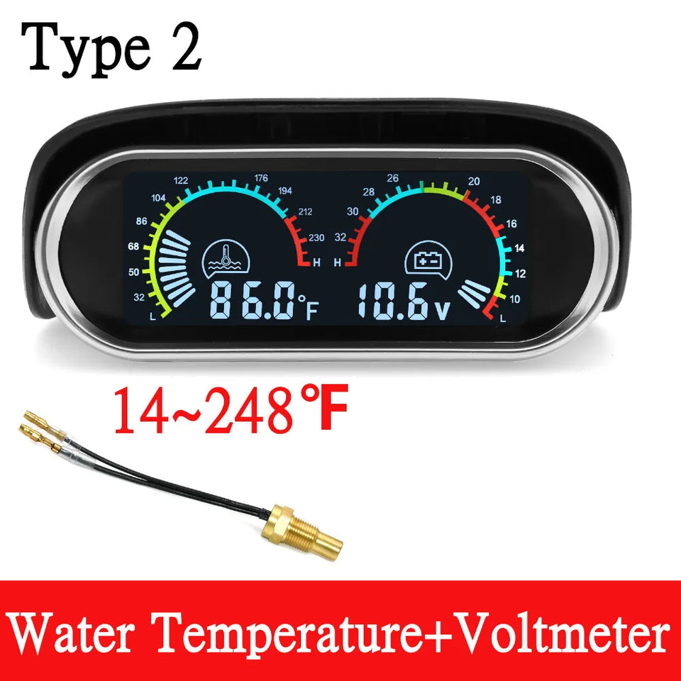12V/24V 2 IN 1 Car Truck LCD Gauge Water Temperature Gauges +Voltmeter With 1/8 NPT Temp Sensor Water Temp Meter for Auto Cars