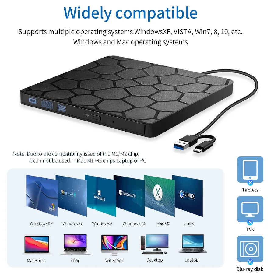 External DVD RW CD Burner USB 3.0 Type C 2-in-1 Slim Drive Burner Reader