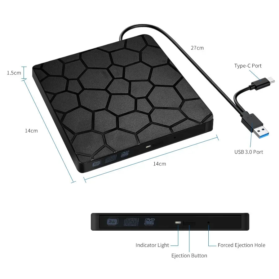 External DVD RW CD Burner USB 3.0 Type C 2-in-1 Slim Drive Burner Reader