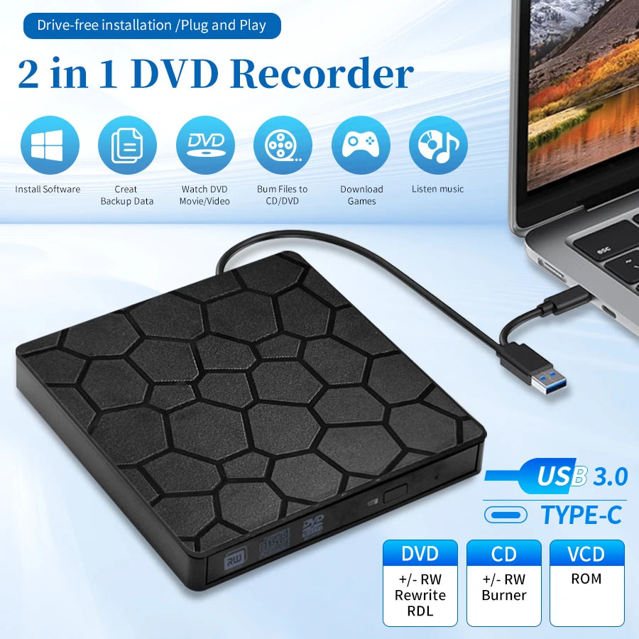 External DVD RW CD Burner USB 3.0 Type C 2-in-1 Slim Drive Burner Reader