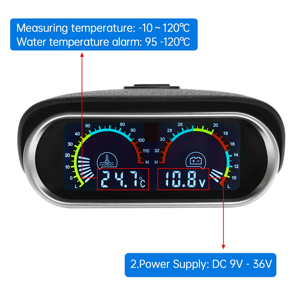 12V/24V 2 IN 1 Car Truck LCD Gauge Water Temperature Gauges +Voltmeter With 1/8 NPT Temp Sensor Water Temp Meter for Auto Cars