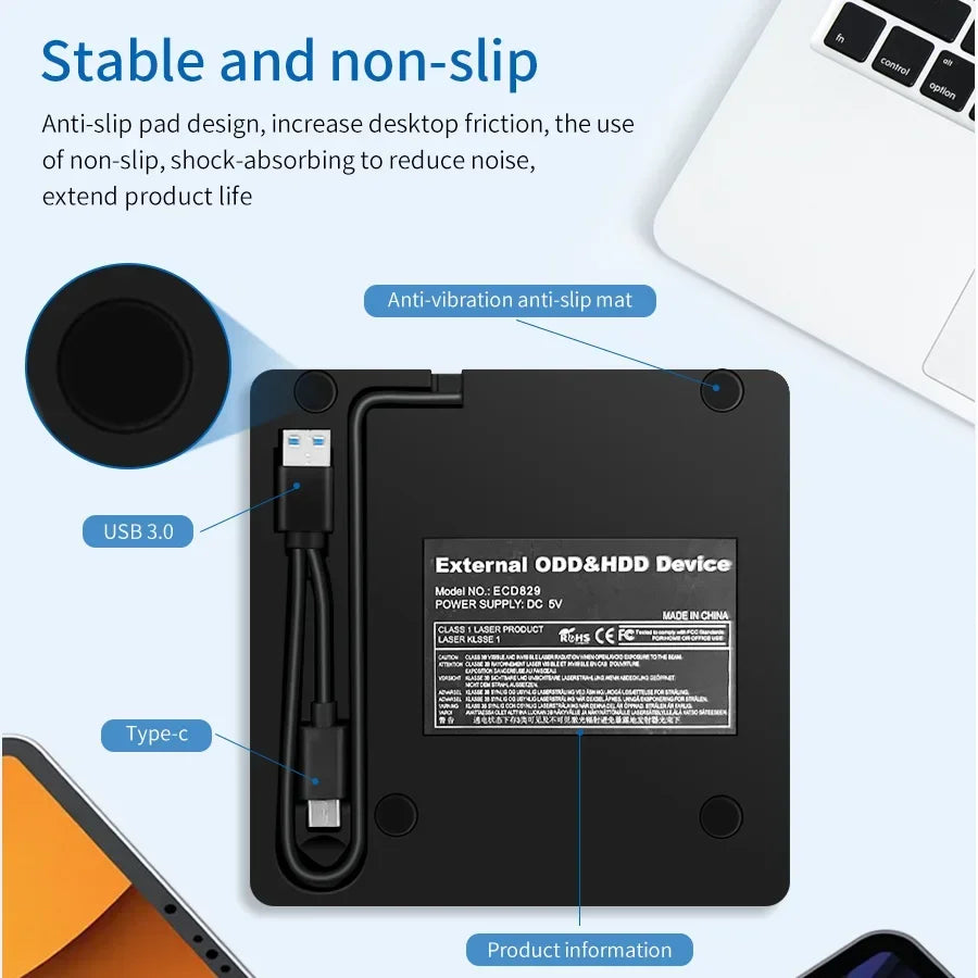 External DVD RW CD Burner USB 3.0 Type C 2-in-1 Slim Drive Burner Reader