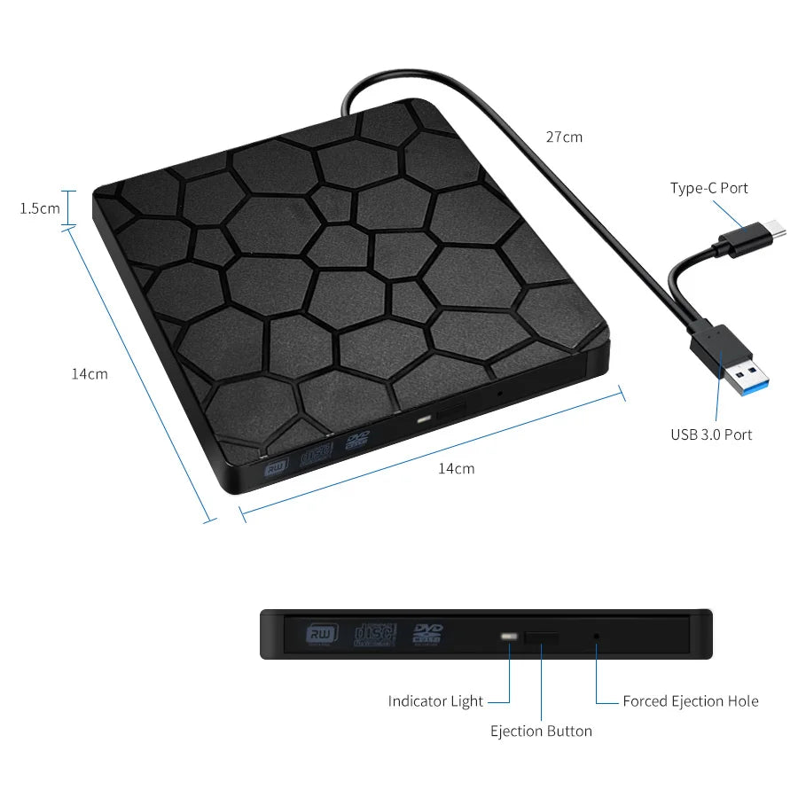 External DVD RW CD Burner USB 3.0 Type C 2-in-1 Slim Drive Burner Reader